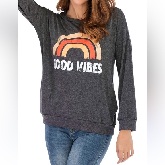 Crewneck Sweatshirt Gray Orange Rainbow Good Vibes M - Picture 2 of 12